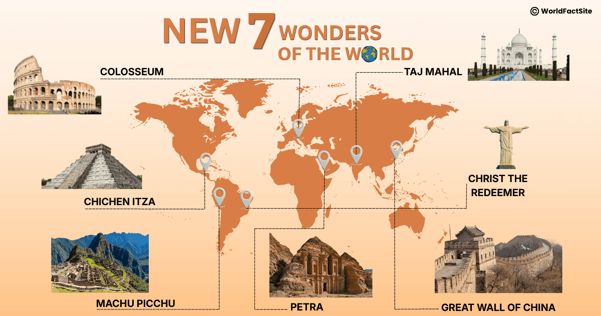 World map depicting the locations of the New 7 Wonders of the World