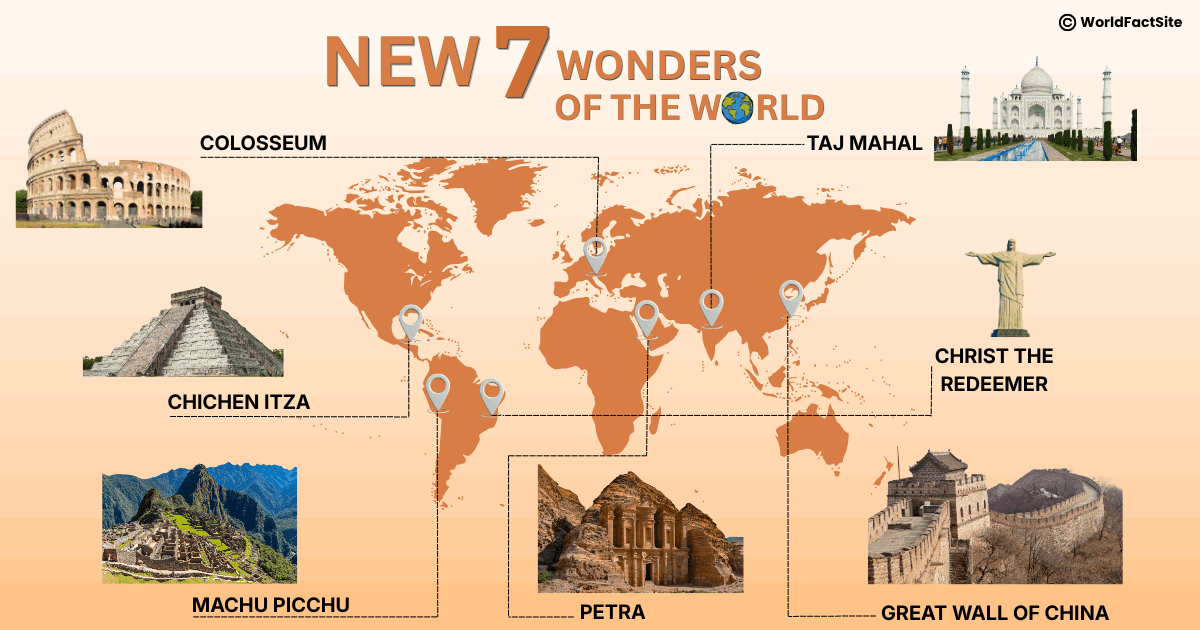 World map depicting the locations of the New 7 Wonders of the World