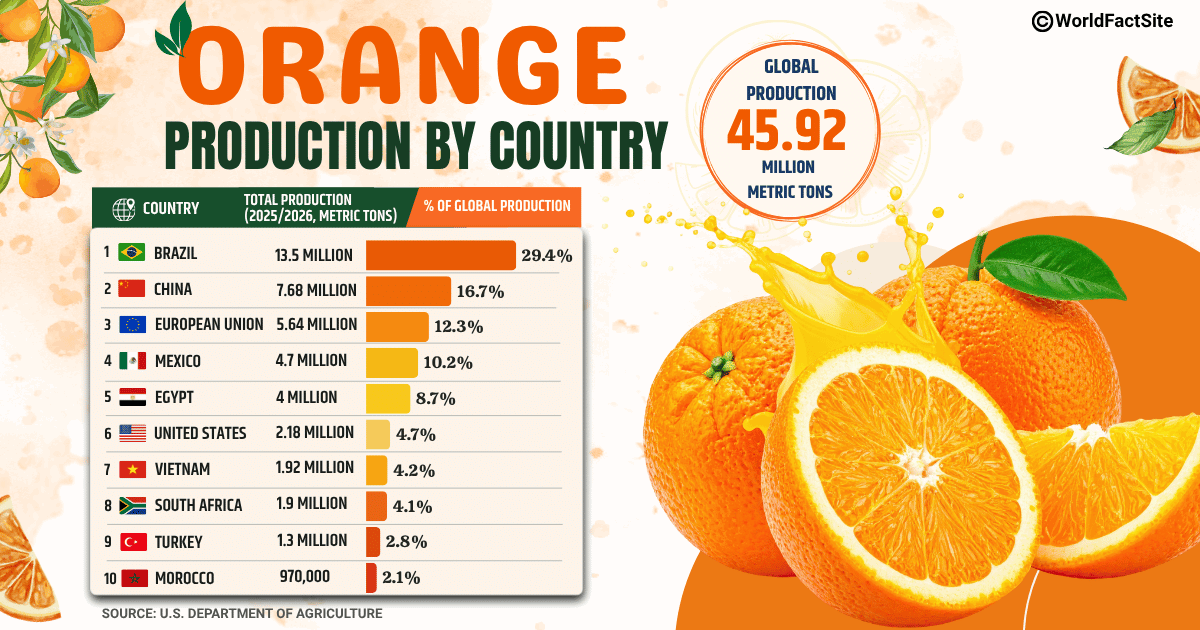 List of countries by highest orange production in the marketing year 2025-2026 (USDA)