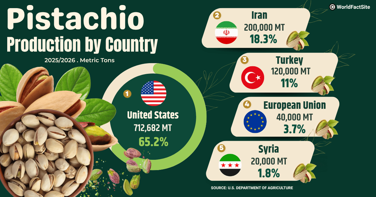 Annual pistachio production by country in MY 2025/2026 (USDA) 
