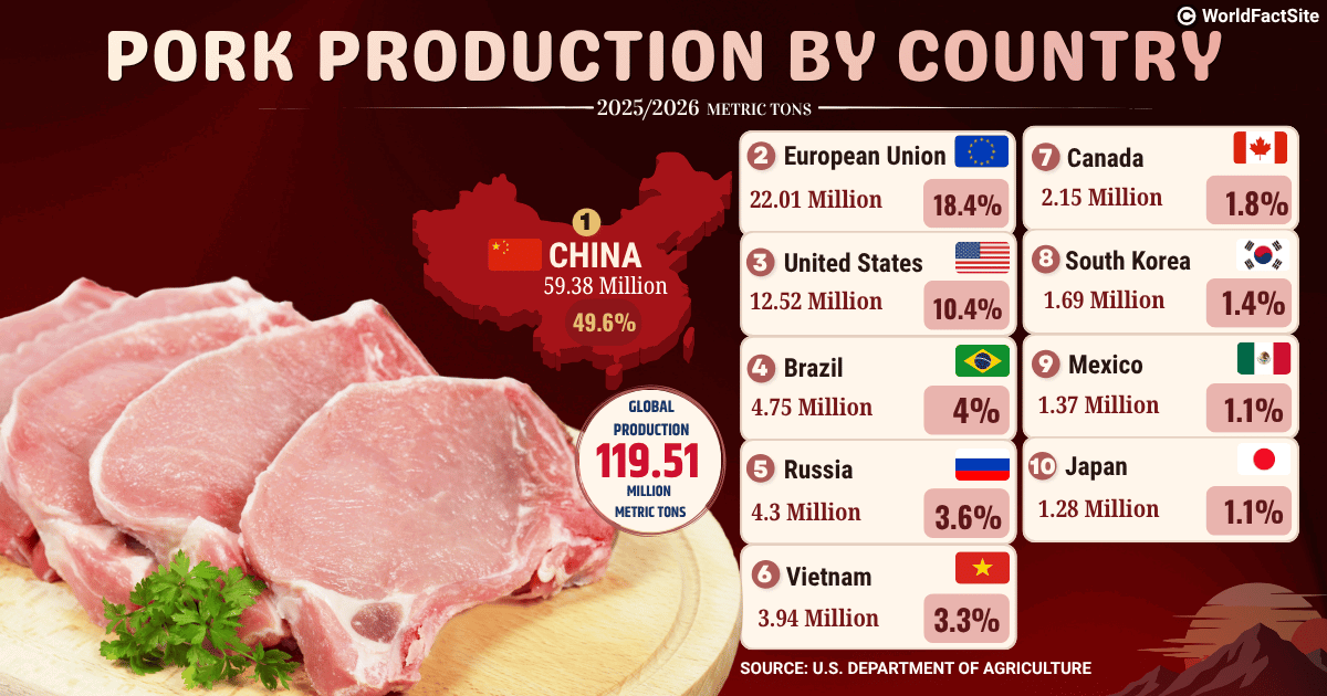 Pork production and global share of the leading producer countries in MY 2025/26 (USDA)