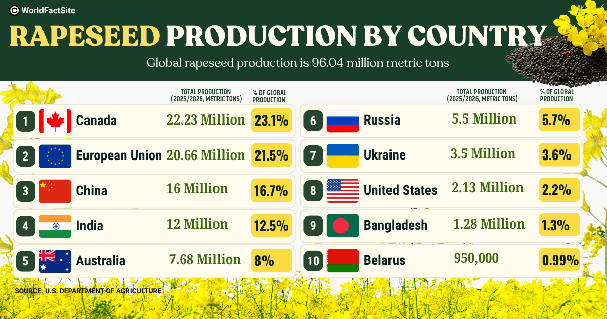 The latest rapeseed production by country data, as per the USDA 